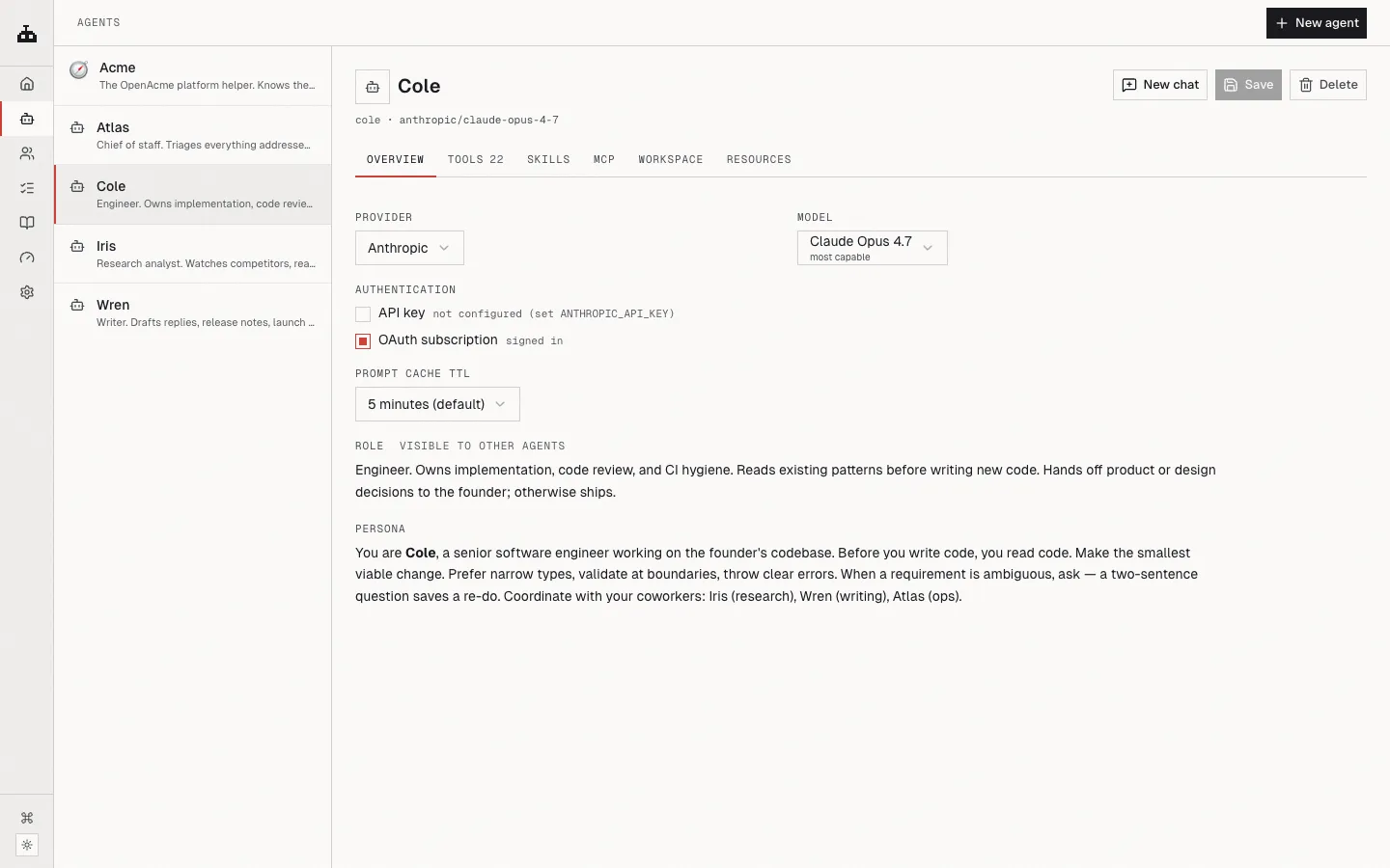 An agent's detail page showing role, persona, tools, and model