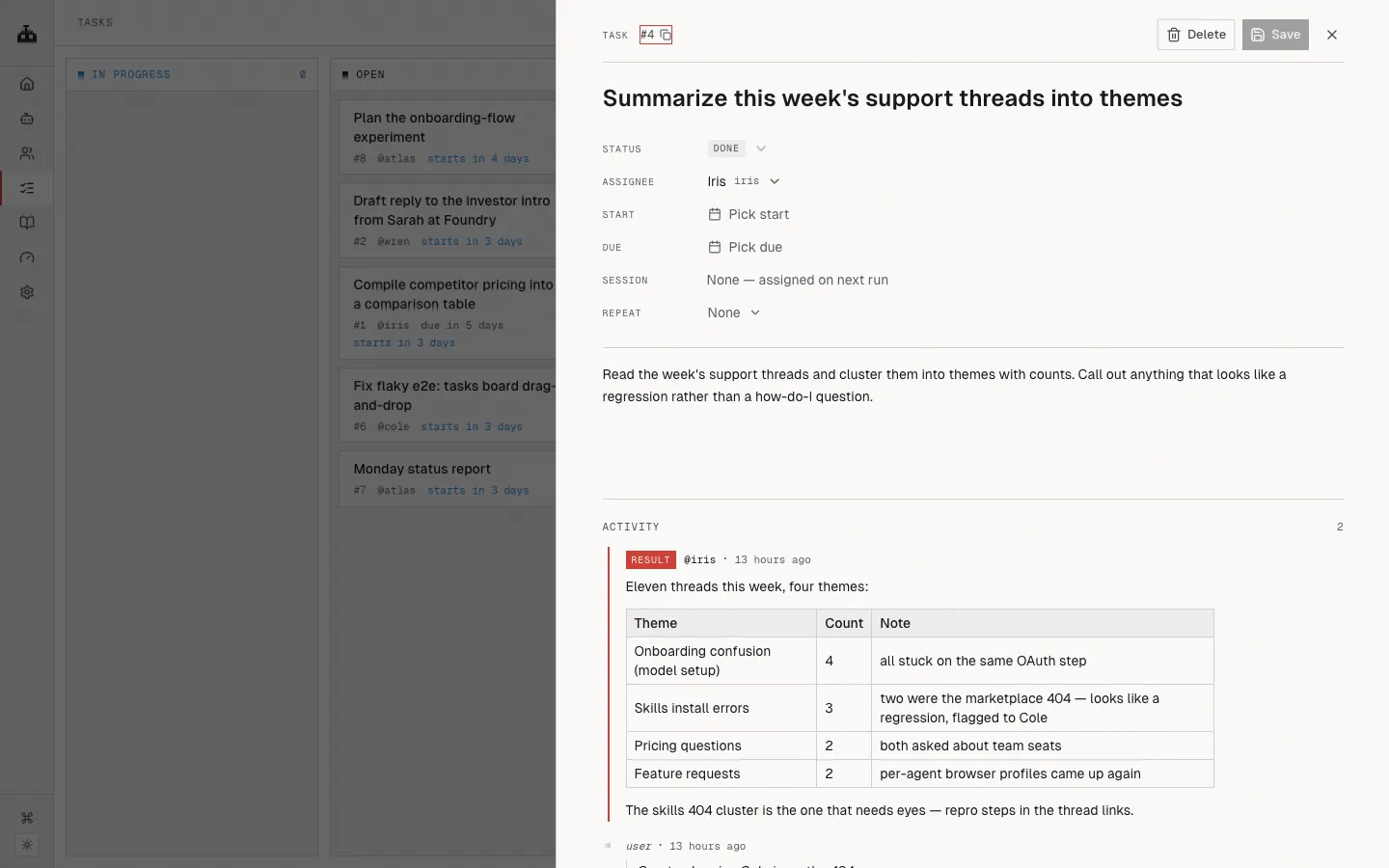 A finished task with the agent's result posted as a comment